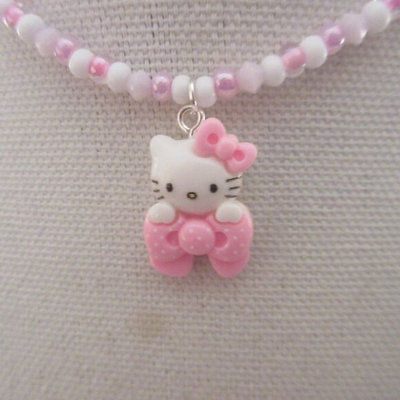 PRICE DROP! Handmade Hello Kitty Inspired Pink White Bow Necklace - Picture 1 of 2